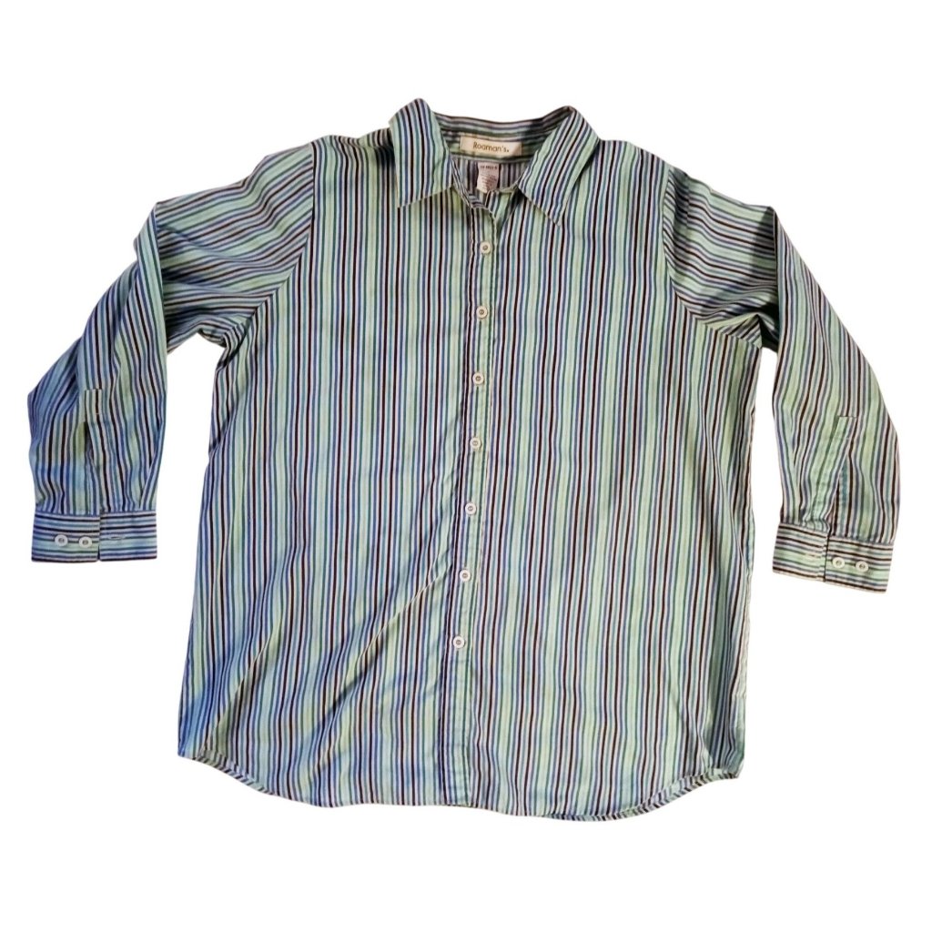 Button-Up Shirt Roamans Womens Green Blue Striped Size Large Rn88842 Long Sleeve